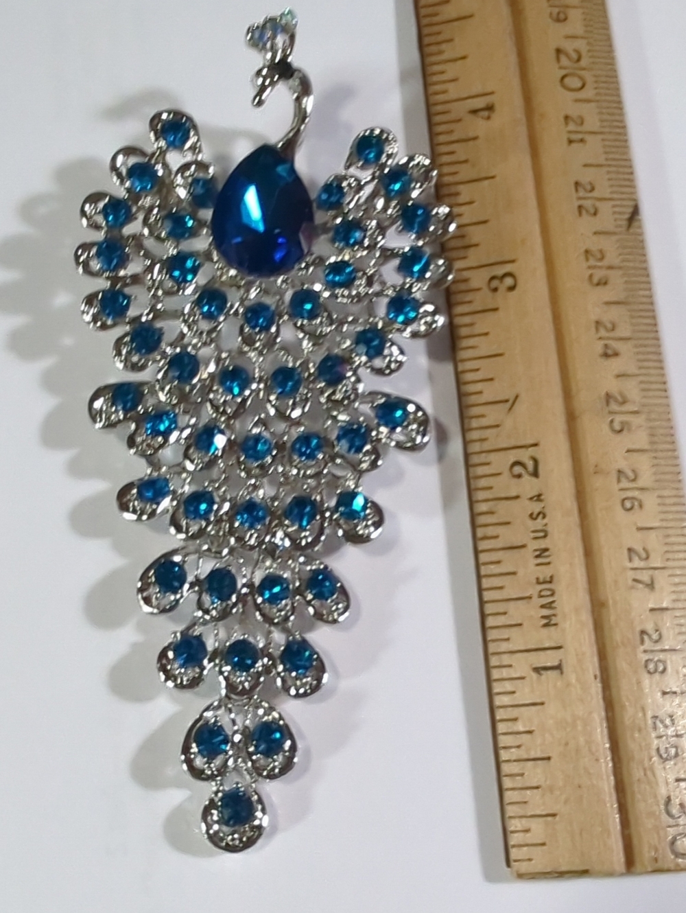 Vintage Articulated Peacock Brooch Teal Blue Crystal Rhinestones Silver 4" - Picture 4 of 10